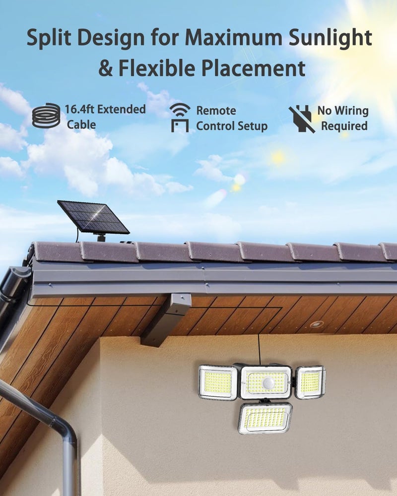 CLAONER Solar Outdoor Lights Motion Sensor 3500LM 288 LED Solar Security Lights with Remote Control IP67 Waterproof 4 Heads Flood Lights with 16.4ft Cable 4 Modes Wall Lights(4 Pack) - Image 2
